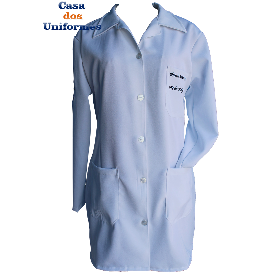 Jaleco em Oxford, gola V, bordado